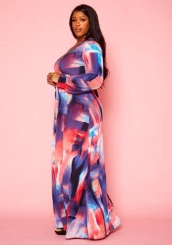 Plus Size Pastel Multi Color Print Fit & Flare Maxi Dress -Mini Dress Store 2021398 001 3