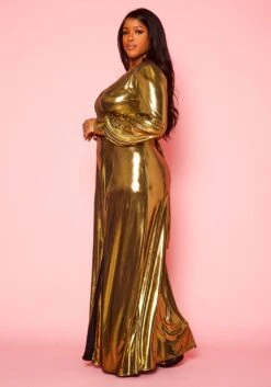 Plus Size Gold Metallic Fit & Flare Maxi Dress -Mini Dress Store 2021399 001 3