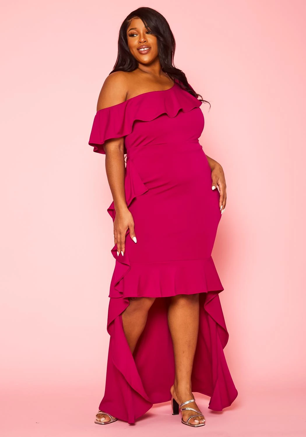 Plus Size Ruffle Trim High Low Gown 4 Plus Size Ruffle Trim High Low Gown - Image 2