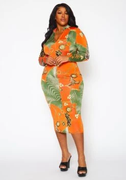 Plus Size Golden Oasis Pattern Bodycon Midi Dress -Mini Dress Store 2022417 001 1