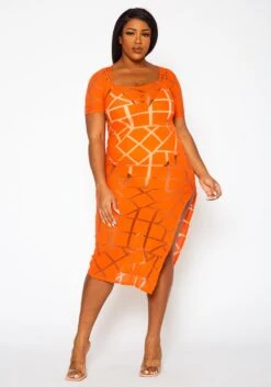 Plus Size Geometric Print Mesh Dress