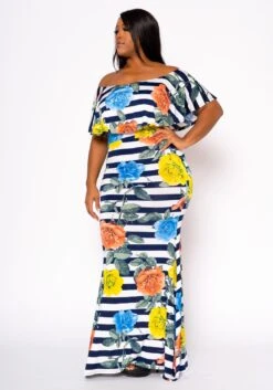 Plus Size Floral Striped Fit & Flare Maxi Dress -Mini Dress Store 2022457 001 2