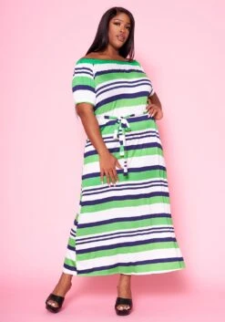 Plus Size Multi Striped Fit & Flare Maxi Dress