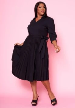 Plus Size Pleated Fit & Flare Midi Dress