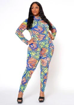 Plus Size Butterfly Print Fitted Jumpsuit