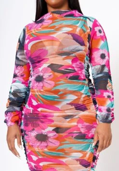 Plus Size Mesh Floral Print Ruched Dress -Mini Dress Store 2022512 001 5