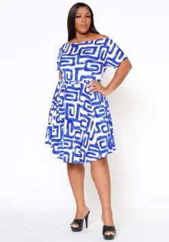 Plus Size Abstract Print Off Shoulder Flare Dress -Mini Dress Store 2022519 001 3