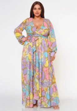 Plus Size Multi Chainlink Pattern Fit & Flare Maxi Dress