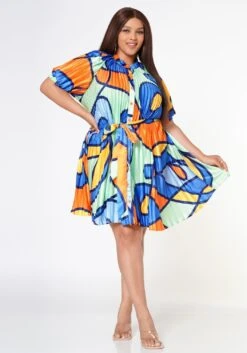 Plus Size Multi Pattern Pleated Fit & Flare Dress -Mini Dress Store 2022608 002 3