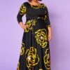 Plus Size Golden Floral Print Fit & Flare Maxi Dress -Mini Dress Store 2022613 001 0