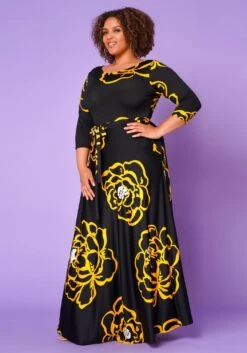 Plus Size Golden Floral Print Fit & Flare Maxi Dress -Mini Dress Store 2022613 001 2