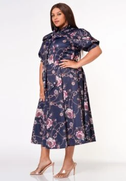 Plus Size Floral Chainlink Print Bow Collar Flare Dress -Mini Dress Store 2022633 001 2