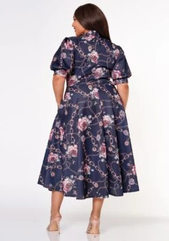 Plus Size Floral Chainlink Print Bow Collar Flare Dress -Mini Dress Store 2022633 001 3