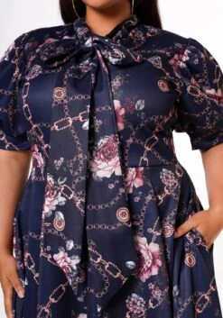 Plus Size Floral Chainlink Print Bow Collar Flare Dress -Mini Dress Store 2022633 001 4
