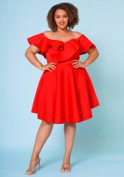 Plus Size Off Shoulder Ruffle Hem Dress