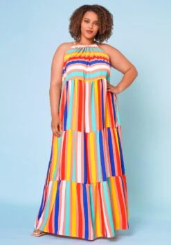 Plus Size Multi Stripe Halter Neck Flare Maxi Dress -Mini Dress Store 2022668 002 2
