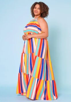 Plus Size Multi Stripe Halter Neck Flare Maxi Dress -Mini Dress Store 2022668 002 3