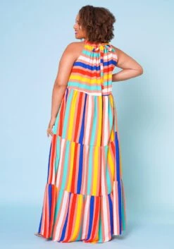 Plus Size Multi Stripe Halter Neck Flare Maxi Dress -Mini Dress Store 2022668 002 4