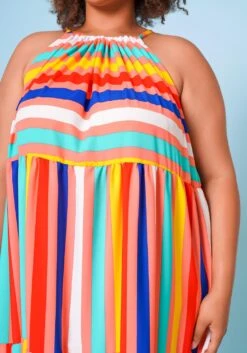Plus Size Multi Stripe Halter Neck Flare Maxi Dress -Mini Dress Store 2022668 002 5
